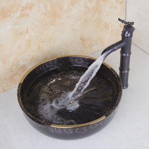 Ny svart topp högkvalitativ keramik svart med ponny mönster tvättställ sänker skål + bambu varm och kall koppar kran