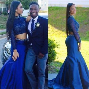 Par Fashion Royal Blue Prom Dresses Two Pieces 2023 Ny sjöjungfru Hög halsringning Långärmare pärlor Black Girl Party -klänningar 889