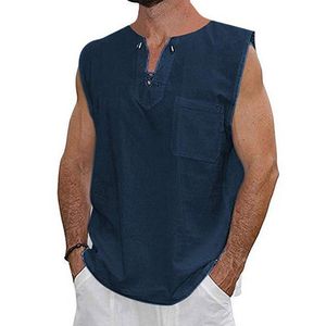 Toptan-Moda erkek Yaz Ince Rahat Renkli Pamuk Keten Kısa Kollu Gömlek Gevşek Yelek Büyük Açık-Çatal Erkek Yelek Tank Top