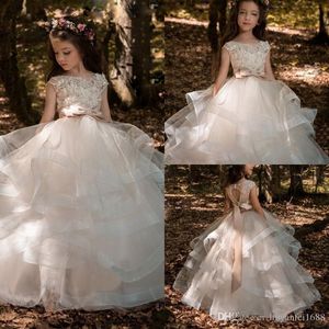 Top Quality Champagne Crew Lace Flower Girl Dresses For Weddings Tulle New Arrival Floor Length First Communion Gowns