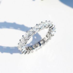 Классические изящные украшения 925 Серебряное серебро полное принцесса Cut White Topaz CZ Diamond Gemstones Eternity Square Party Women Band Ring