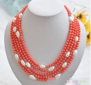 5row natural 17- 21'' rose coral white Baroque5mm pearl necklace