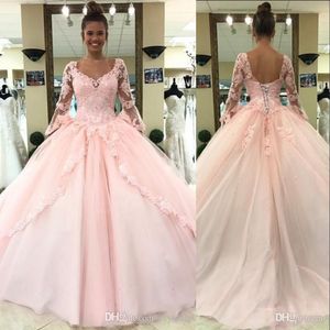 Light Pink Puffy Quinceanera Dresses V Neck Lace Appliques Crystal Beads Long Sleeves Corset Back Tiered Sweep Train Sweet 16 Evening Gowns