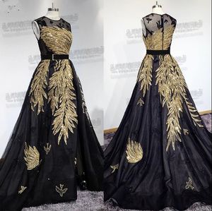 Elegante Elie Saab Prom Dresses 2019 Jewel Neck senza maniche oro paillettes abiti da sera formale Sweep treno in rilievo Pageant Party Dress Custom
