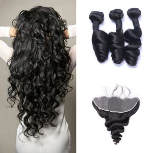 Brazilian Loose Wave Människohår väver med 13x4 spets frontal helhuvud kan färgas Förplockade förslutningar