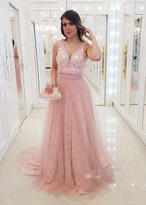 Charming Pink Sleeveless Lace Tulle Evening Gowns Long V-Neck Empire A-line Prom Dresses Women Elegant vestidos de fiesta