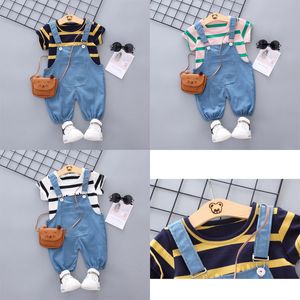 2019 Style Summer Cotton Stripe Round Collar Letter Padrão com manga curta e suspensórios de nove pontos Duas peças para meninos e meninas