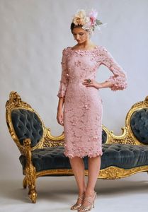 Meat Pink Mother Of The Bridal Dresses Jewel 3/4 Neck Appliques Lace Sheath Prom Dress Knee Length Mother's Dresses