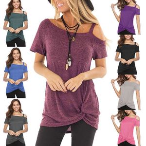 Solid Women's Cold Shoulder T-Shirt Irregular Off Shoulder Short Sleeve Blouses Knot Twist Front Tunic Tops