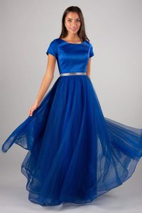 2020 abito da ballo lungo modesto in tulle blu royal con maniche ad aletta gioiello semplice abito da sera abito da ballo modesto per adolescenti