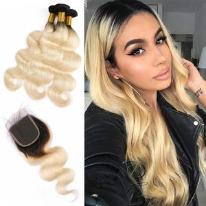 Brasilianska Virgin Hair Extensions 3 buntar med 4x4 spetslåsning med baby hår kroppsvåg 1b / 613 ombre mänskligt hår 4 stycken ett parti