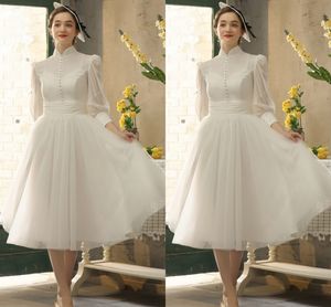 2020 Audrey Hepburn High Neck Långärmad Lady Chiffon Bridal Gown Bröllopsklänning Tea Length Party Gowns