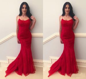Sexy Red 2019 Mermaid Evening Dresses Backless Lace Applique Formal Evening Gowns Prom Dresses Pleats robe de soiree vestidos de fiesta