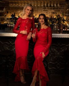 Fashion Red High Low Bridesmaid Dresses Mermaid Bateau Neck Wedding Guest Dress Long Sleeves Maid Of Honor Gowns