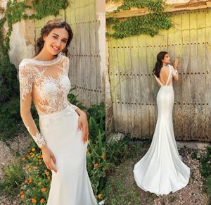 2020 Bahçe Mermaid Gelinlik Aplikler Dantel Jewel Boyun Uzun Kollu Ülke Gelin Törenlerinde Seksi Backless Custom Made Vestidos De Novia