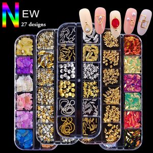 12 Izgaralar Nail Art Süslemeleri Sequins Çiviler 3D Kristal Rhinestones Alaşım Matkap Mermaid Boncuk İpuçları Çivi Çıkartmaları Manikür Glitter Diamonds