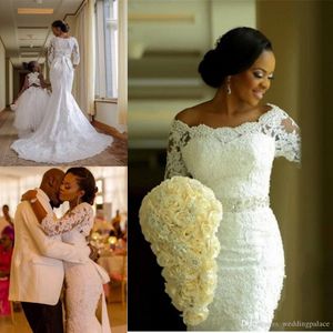 Nowa Moda Afryki Nigeryjczyk Plus Rozmiar 3/4 Rękaw Koronki Syrenki Suknie Ślubne Aplikacje Zroszony Sukienka Wedding Bridal Suknie Custom Made