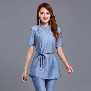 desgaste etapa nacional verão étnico terno elegante roupa Estilo Chinês Tradicional Tang camisa Top Retro Mulheres Silk linho respirável