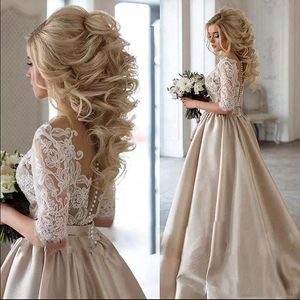 2019 Gold Prom Dresses A Line Lace Appliques Long Satin Evening Gowns Illusion Half Sleeves Girls Pageant Dress