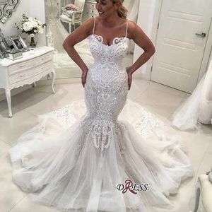 Sereia design sexy vestidos espaguete decote cinta renda appliqued vestido de casamento vestidos de noiva tribunal trem personalizado