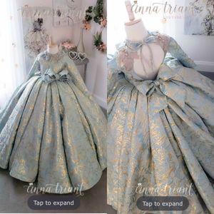 Gown Vintage Ball New Flower Girls Dresses Long Sleeve Appliqued Beads Girl Pageant Big Bow Kids Prom Dress