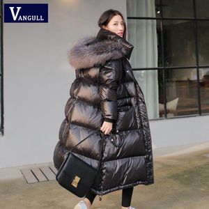 Vangull Black Mulheres Brilhantes Jaqueta de Inverno Grande Colarinho Casaco de Inverno Mulheres Longo Down Parka Senhora Com Capuz Parkas Quente Algodão Jackets V191029