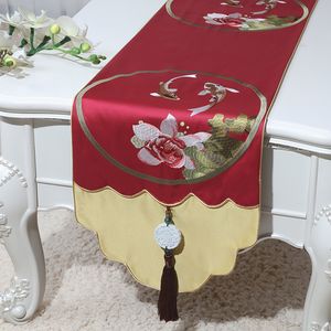 Latest Jacquard Fish Christmas Decoration Table Runner Extra Long Wedding Party Table Mat Pad Tassel Chinese Silk brocade Table Cloth