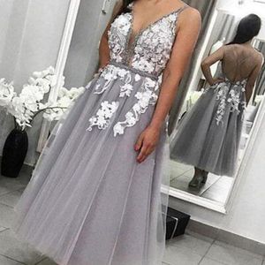 Tea Length Prom Dresses Plunging Deep V Neck Sleeveless Beaded Spaghetti Straps Criss Cross Backless Silver Grey Tulle Evening Gown