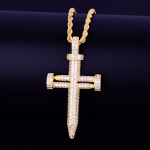 Men's Nail shape cross Pendant Necklace With Rope Chain Cubic Zirconia Hip hop Street Rock Jewelry