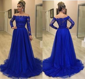 Royal Blue A Line Evening Dresses Bateau Neck Lace Applique Long Sleeves Beaded Floor Length Cocktail Pageant Gowns Evening Wear Gowns