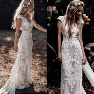 Sexy Hot Bohemian Country Mermaid Wedding Dresses V Neck Cap Sleeves Full Lace See Through Court Train Plus Size Formal Bridal Gowns 403