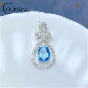 Colife Smycken 100% Natural Topaz Pendant för Party 7 * 9mm Ljusblå Topaz Halsband Hängsmycke 925 Silver Topaz Smycken