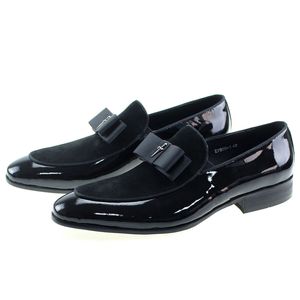 Genuine Patent Leather And Nubuck Leather Patchwork With Bow Tie Men Wedding Black Dress Shoes Men's Banquet Loafers