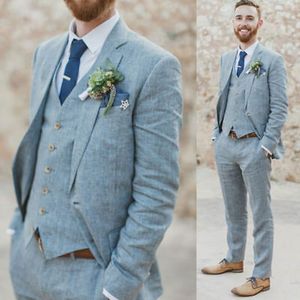 Moda Uomo Abiti di lino Beach Summer Wedding Smoking dello sposo 3 pezzi Due bottoni Groomsmen Suit Giacca Gilet Pantaloni Cravatta Risvolto con intaglio