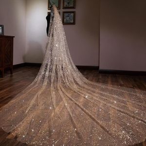 Lyx 2019 Champagne Guld 3 meter Långt bröllopsslöja Sequin Bridal Veils One Layer Cut Edge Mousserande slöja med kam