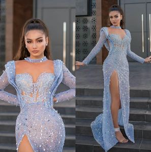 Blue Crystal Evening Gowns Beads Jewel Neck Long Sleeve Beading Formal Prom Dress Sexy Side Split Red Carpet Runway Fashion Robe