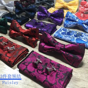 Paisley Bow Tie Seti IE ve Hanky ​​Cufflinks İpek Jakard Erkekler Kelebek Bowtie Cep Meydanı Mendil Takım Düğün