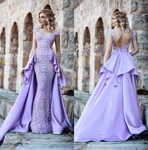 Lekki Purple Prom Dresses z odpinanym Overtkirts Sweep Pociąg V Neck Satin Koronkowa Wieczorowa Dress Sexy Backless Aplikacje Formalna okazja