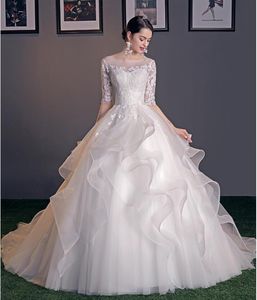 Setwell Womens White Ivory Jewel A-Line Sukienka ślubna Pół Rękawy Organza Ruffled Floor Długość Koronkowa Suknia Ślubna