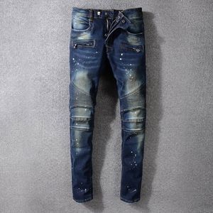 Sıcak BM1067 Skinny İnce Uygun Yıkalı Kaplama Malzemesi Lüks Denim Elastik Motosiklet Erkekler Kot Tasarımcı Sıçrama Mürekkep Men Kot pantolon