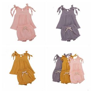 Girls Summer Cotton Linen Suits Kids Bowknot Sling Shorts 2Pcs Set Baby Suspenders Shirt Ruffles Shorts Outfits Clothing Sets ZYQA469