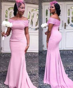 Pink Mermaid 2020 Prom Dresses Off the Shoulder Cap Seces Lace Applique Sweep Train Custom Made African Blackk Girl Formal Evening Gowns
