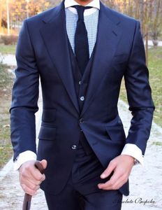 Classic Design Navy Blue Groom Tuxedos Notch Lapel Two Button Groomsmen Mens Wedding Dress Excellent Man Suits(Jacket+Pants+Vest+Tie) 374