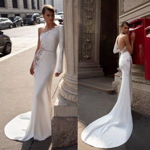 Julie Vino Mermaid Wedding Dresses One Shoulder Long Sleeves Lace Beads Bridal Gowns 2020 Sweep Train Wedding Dress vestido de novia