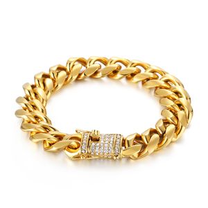 77g Tunga Coola Mens Guldpläterade Smycken Kristaller Zircon Rostfritt stål Curb Chain Link Armband Bangle 15mm 8.66 '' ''