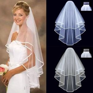 Casamento Bridal Véils Casamento simples Tule Branco Color Duas Camadas Camadas Véu Berta de Fita Acessórios da Bride Women Véu com pente