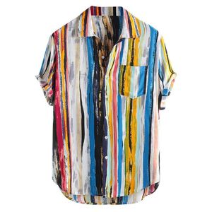 Ny mode av hög kvalitet sommarmens avslappnad multifärg klump bröstficka kort hylsa runda hem lösa skjortor blus282l