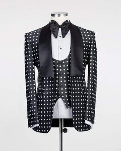 Real Photo Black Dot Shawl Lapel Groom Tuxedos One Button Men Blazer Dinner Party Buesiness Suits Sets (Jacket+Pants+Vest+Bow Tie) J753