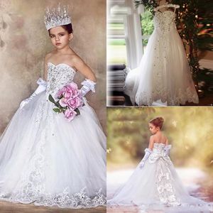 Branco Princesa Bola Vestido Flor Menina Vestidos 2021 Cristais Sparkly Cristais Frisado Strapless Crianças Formal Pageant Party Spown Lace Appliqued Primeira Comunhão Vestido AL5329