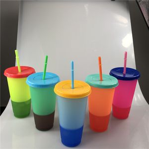 Magi! Ankomstfärg Ändra vatten Tumblers 17oz Thermochromic Cup L Ändra PP med lock och halm 5 Färgalternativ